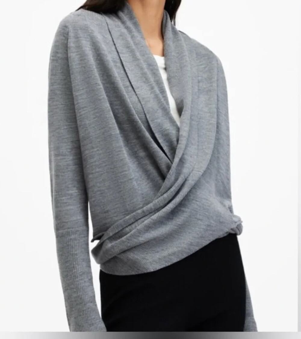 Allsaints Grey Pirate Cardigan Women's Size 10 Merino Wool and Silk